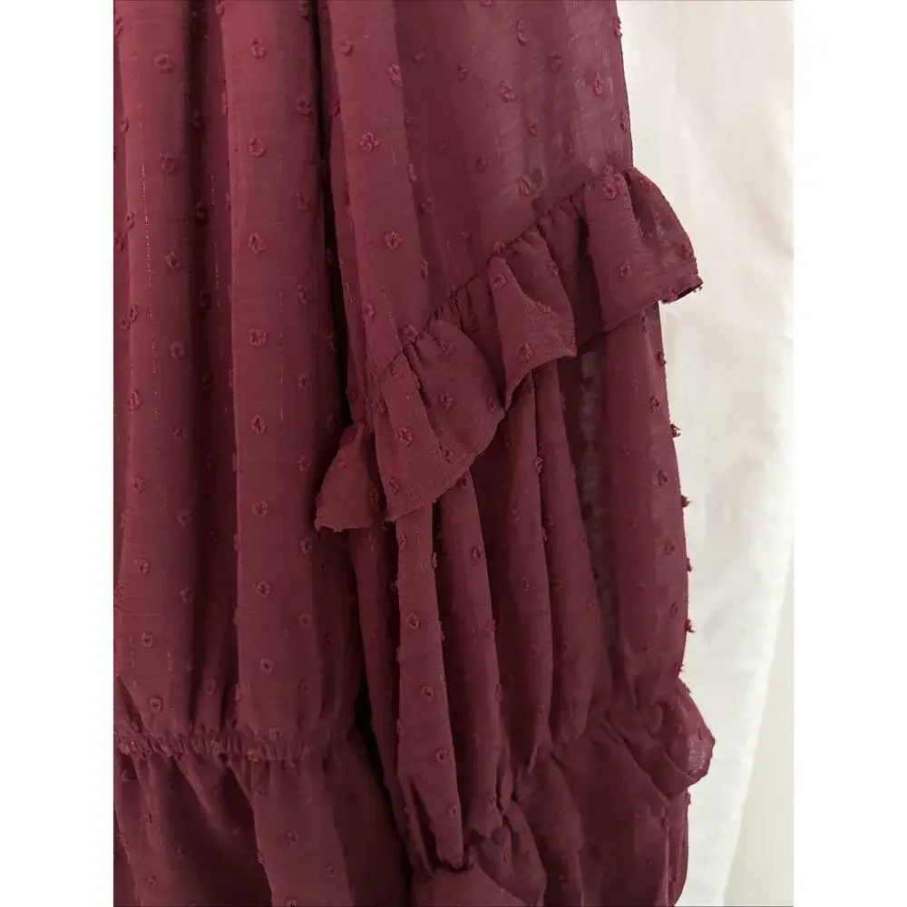 Maurices Blouse Womens XL Burgundy Lined Sheer Pullover Long Ruffle Sleeves NWT